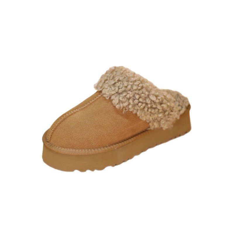 Papuci de iarnă pentru femei, închise, din velur de vită, exterior și căptușeală, toc gros 6-8 cm, vârf rotund