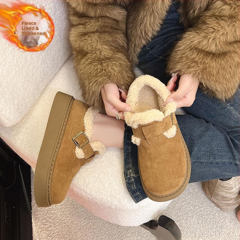 Cizme de zăpadă pentru femei, talpă groasă, partea superioară din velur, căptușite cu blană sintetică scurtă, guler jos (Iarnă; Talpă groasă; Velur; Blană sintetică scurtă; Blană sintetică)