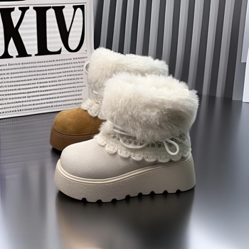 Cizme de zăpadă pentru femei, căptușite cu fleece, partea superioară din velur, înălțime înaltă, talpă din cauciuc, toc 3–5 cm
