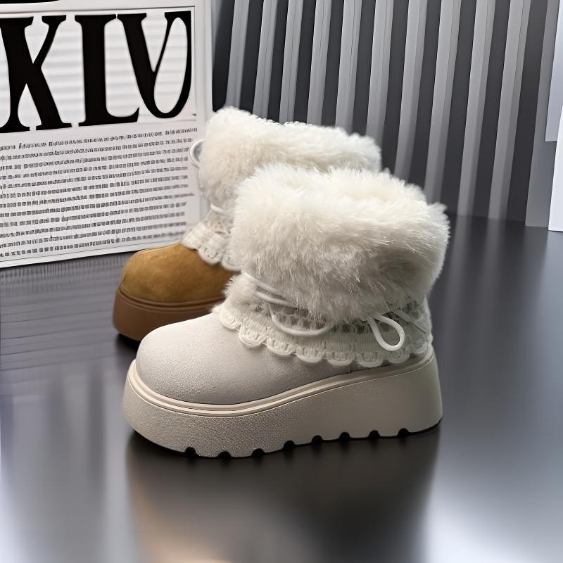 Cizme de zăpadă pentru femei, căptușite cu fleece, partea superioară din velur, înălțime înaltă, talpă din cauciuc, toc 3–5 cm