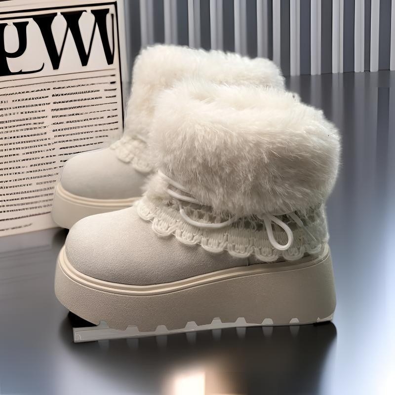 Cizme de zăpadă pentru femei, căptușite cu fleece, partea superioară din velur, înălțime înaltă, talpă din cauciuc, toc 3–5 cm