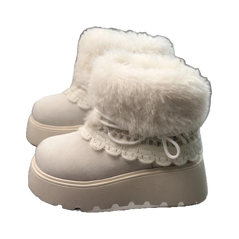 Cizme de zăpadă pentru femei, căptușite cu fleece, partea superioară din velur, înălțime înaltă, talpă din cauciuc, toc 3–5 cm