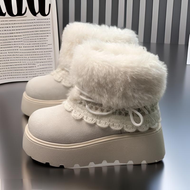 Cizme de zăpadă pentru femei, căptușite cu fleece, partea superioară din velur, înălțime înaltă, talpă din cauciuc, toc 3–5 cm