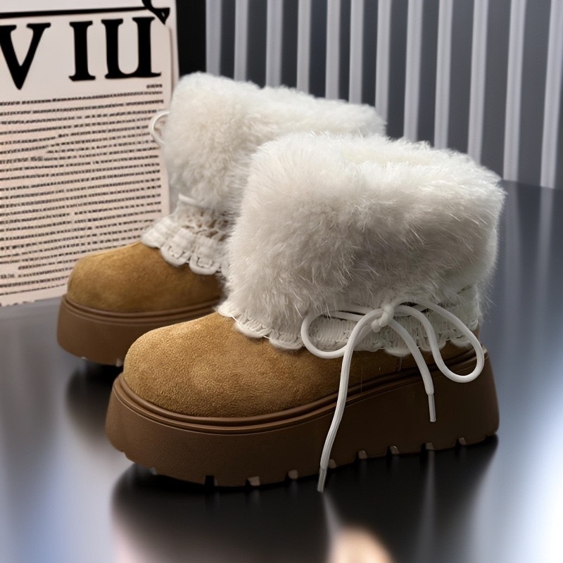 Cizme de zăpadă pentru femei, căptușite cu fleece, partea superioară din velur, înălțime înaltă, talpă din cauciuc, toc 3–5 cm