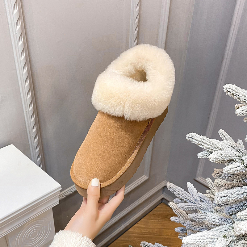 Снегоботи от естествена телешка кожа, подплатени с изкуствена вълна, гумена дебела подметка, нисък модел, кръгъл нос