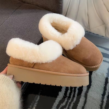 Дамски снежни ботуши от естествена кожа, подплатени с изкуствена вълна, нисък връх, едночастова конструкция, дебела подметка, без връзки, зимни