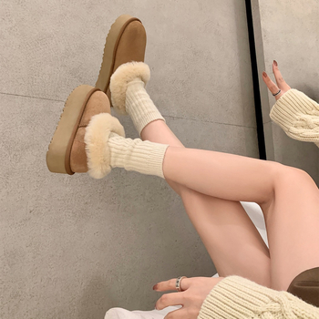 Дамски снежни ботуши от естествена кожа, подплатени с изкуствена вълна, нисък връх, едночастова конструкция, дебела подметка, без връзки, зимни