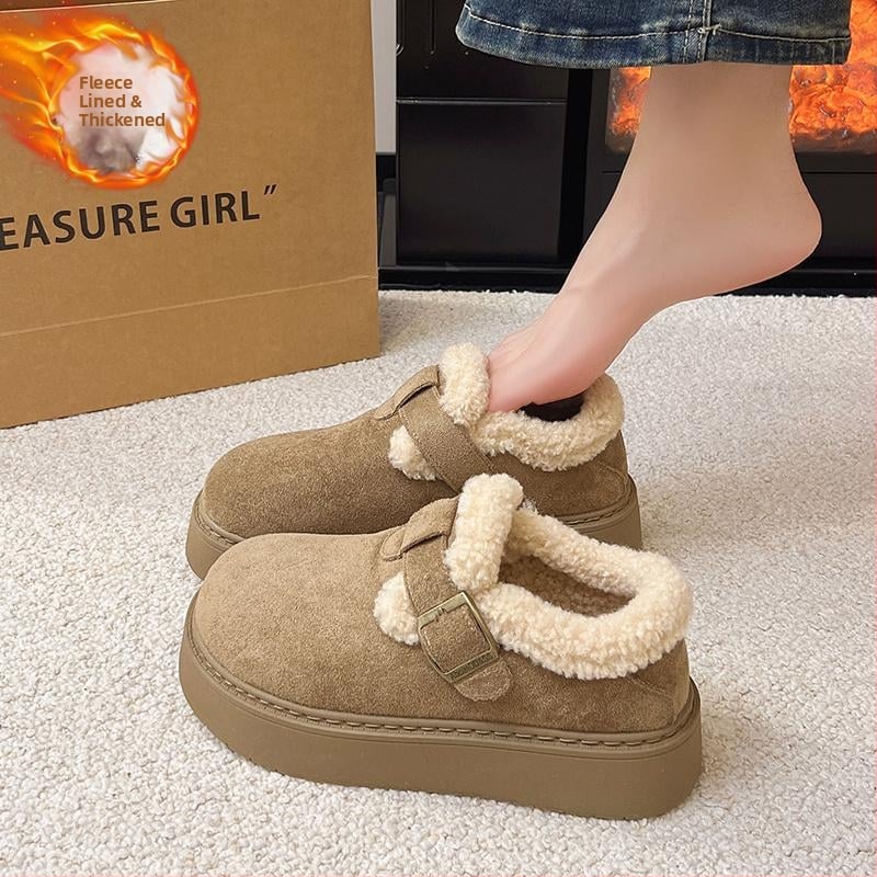 Дамски зимни обувки за сняг със замшево горнище, пухена подплата, дебела подметка, кръгла носка, нисък модел, предно връзване