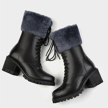 Cizme de zăpadă pentru femei, talpă groasă, tibie înaltă, fermoar lateral, căptușite cu lână, partea superioară din piele microfibră