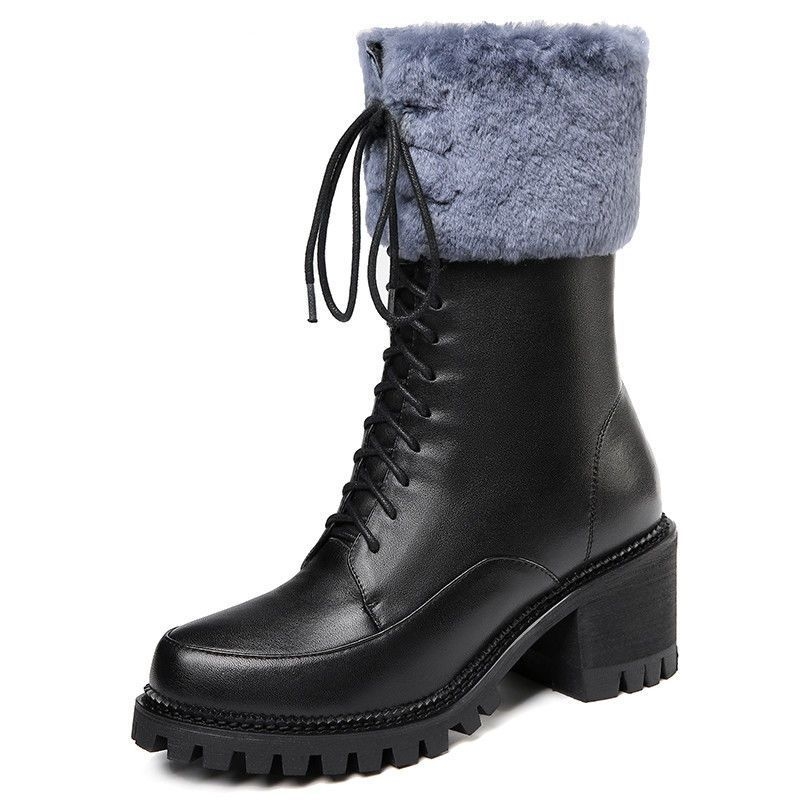Cizme de zăpadă pentru femei, talpă groasă, tibie înaltă, fermoar lateral, căptușite cu lână, partea superioară din piele microfibră