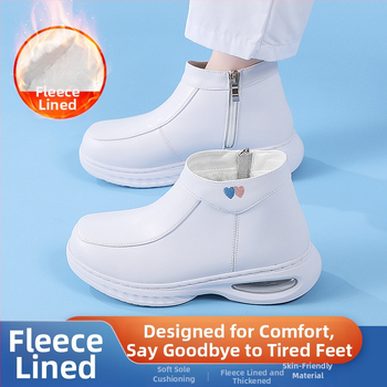 Pantofi de infirmieră iarnă, partea superioară din piele naturală, căptușeală din blană artificială, talpă EVA, toc mediu 3-5 cm, închidere laterală cu fermoar