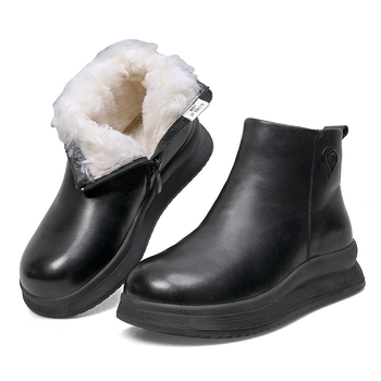 Botine dama din piele naturală cu talpă groasă, stil Chelsea, talpă din cauciuc, căptușeală din lână și blană de oaie, toc 3–5 cm, fermoar pe lateral