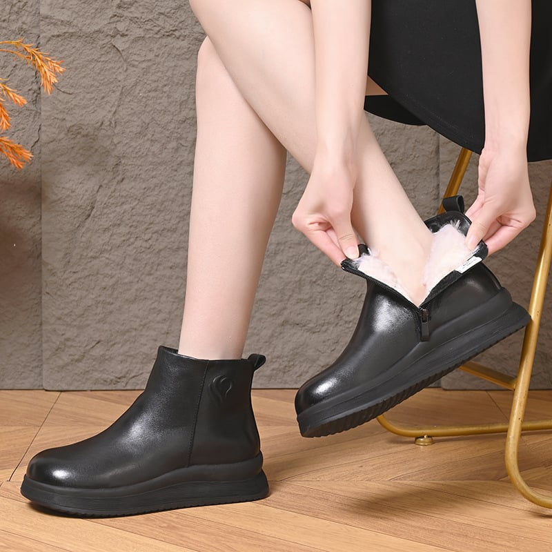 Botine dama din piele naturală cu talpă groasă, stil Chelsea, talpă din cauciuc, căptușeală din lână și blană de oaie, toc 3–5 cm, fermoar pe lateral