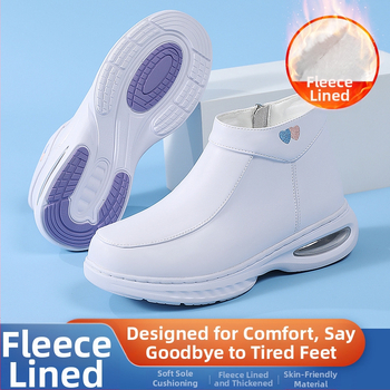 Pantofi de iarnă pentru asistentă, talpă EVA groasă, fermoar lateral, partea superioară din piele naturală, căptușeală pluș, înălțime mid-calf