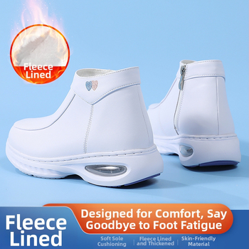 Pantofi de asistentă de iarnă, talpă EVA, piele naturală pe exterior, interior pluș, fermoar lateral, toc mediu 3–5 cm