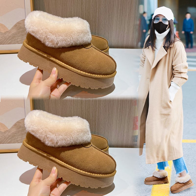 Cizme de zăpadă pentru femei din piele naturală, partea superioară din suede de vițel, talpă groasă, căptușeală din bumbac, slip-on, iarnă