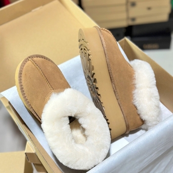 Ghete de zăpadă pentru femei cu talpă groasă, partea superioară din piele de vită, talpă EVA, căptușeală din lână, slip-on, toc 4,5 cm