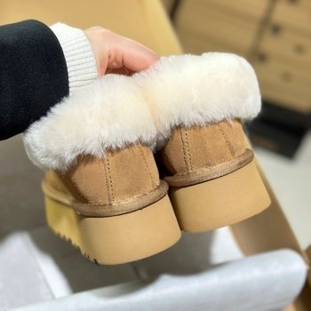 Ghete de zăpadă pentru femei cu talpă groasă, partea superioară din piele de vită, talpă EVA, căptușeală din lână, slip-on, toc 4,5 cm