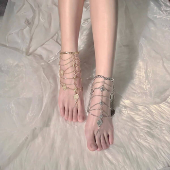 Brățară de gleznă cu ciucuri, în mai multe straturi, pandant geometric – din aliaj metalic