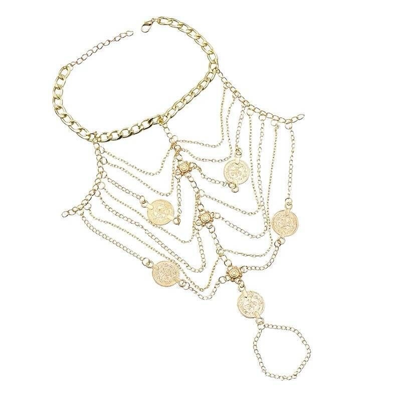 Brățară de gleznă cu ciucuri, în mai multe straturi, pandant geometric – din aliaj metalic