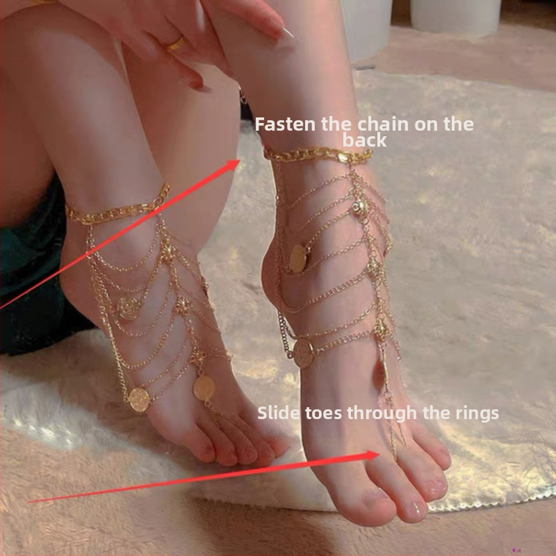 Brățară de gleznă cu ciucuri, în mai multe straturi, pandant geometric – din aliaj metalic