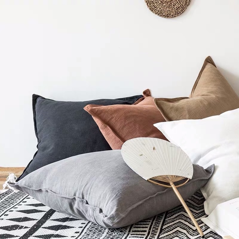 Husă de pernă din bumbac și in, culoare solidă, cu ciucuri, stil desene animate (material: bumbac și in; model: solid)