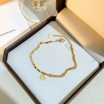 Brățară de gleznă din oțel de titan, cu motiv dublu de trifoi cu patru foi, lungime 20,5 cm, greutate 4,5 g