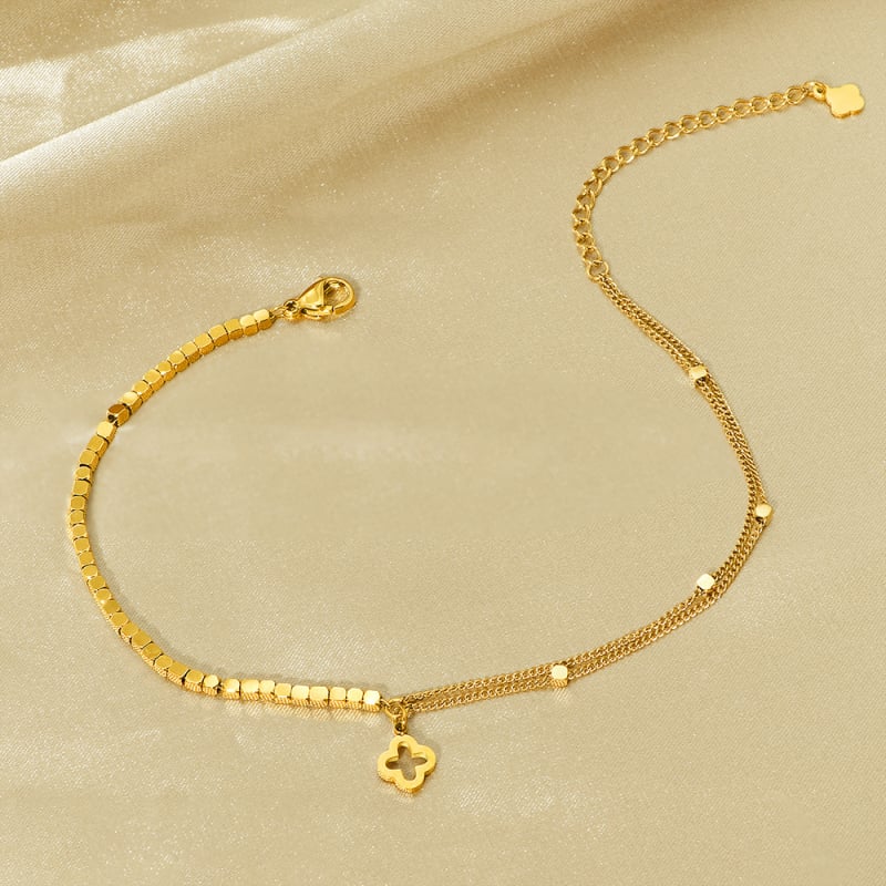 Brățară de gleznă din oțel de titan, cu motiv dublu de trifoi cu patru foi, lungime 20,5 cm, greutate 4,5 g