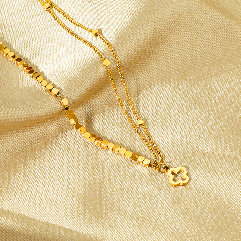 Brățară de gleznă din oțel de titan, cu motiv dublu de trifoi cu patru foi, lungime 20,5 cm, greutate 4,5 g