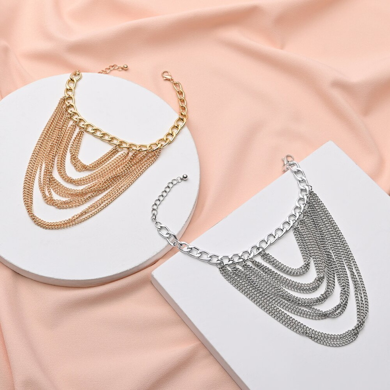 Brățară de gleznă cu ciucuri multistrat, accesoriu geometric metalic pentru femei, model JL07, Yiwu, personalizare disponibilă