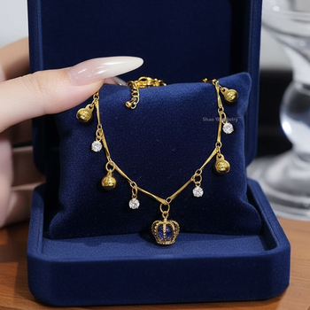 Brățară de gleznă cu pandantiv în formă de coroană și clopot, din cupru cu inserții de zirconiu, bijuterii de modă pentru femei, primăvara 2025