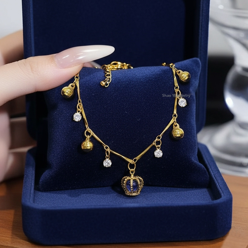 Brățară de gleznă cu pandantiv în formă de coroană și clopot, din cupru cu inserții de zirconiu, bijuterii de modă pentru femei, primăvara 2025