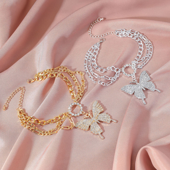 Brățară de gleznă cu fluture, multistrat, din aliaj, cu pietre artificiale încrustate, stil Light Luxury, pentru femei