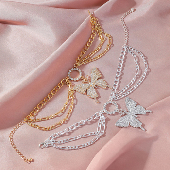 Brățară de gleznă cu fluture, multistrat, din aliaj, cu pietre artificiale încrustate, stil Light Luxury, pentru femei