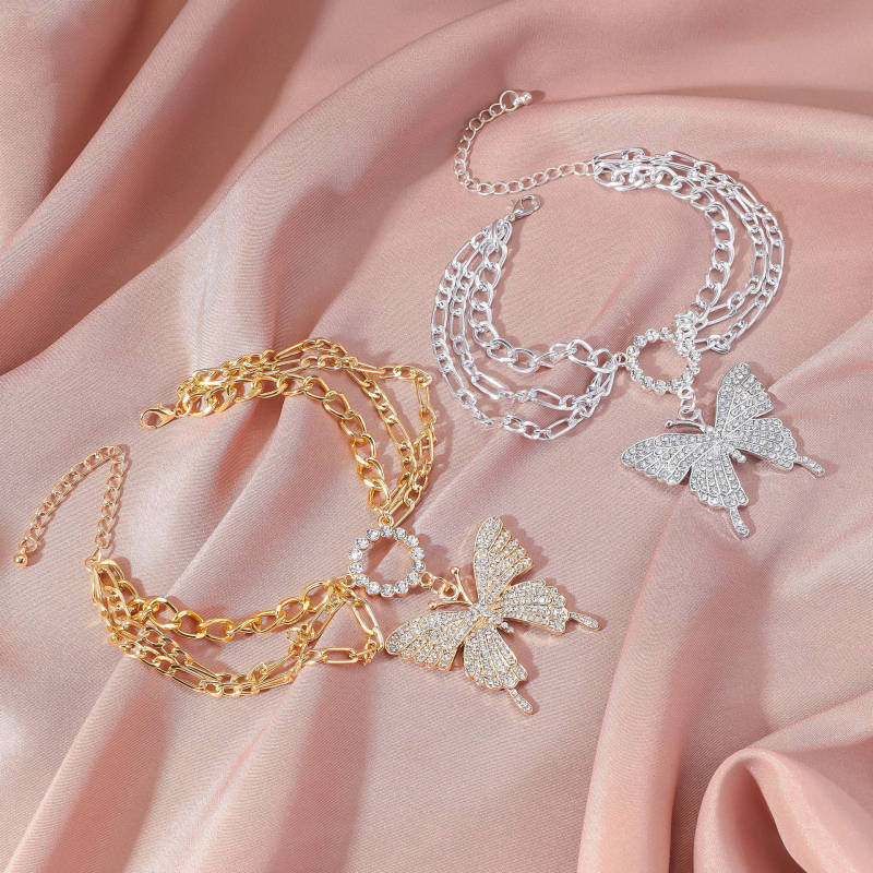 Brățară de gleznă cu fluture, multistrat, din aliaj, cu pietre artificiale încrustate, stil Light Luxury, pentru femei