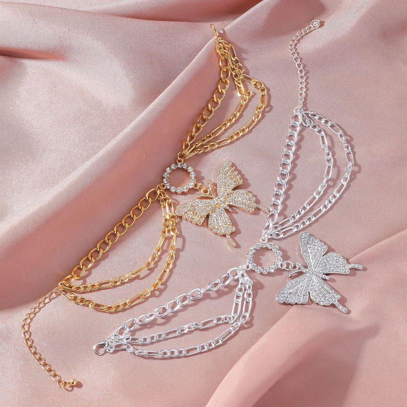 Brățară de gleznă cu fluture, multistrat, din aliaj, cu pietre artificiale încrustate, stil Light Luxury, pentru femei