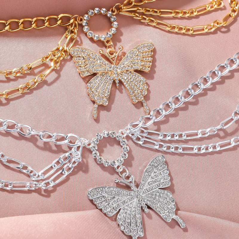 Brățară de gleznă cu fluture, multistrat, din aliaj, cu pietre artificiale încrustate, stil Light Luxury, pentru femei