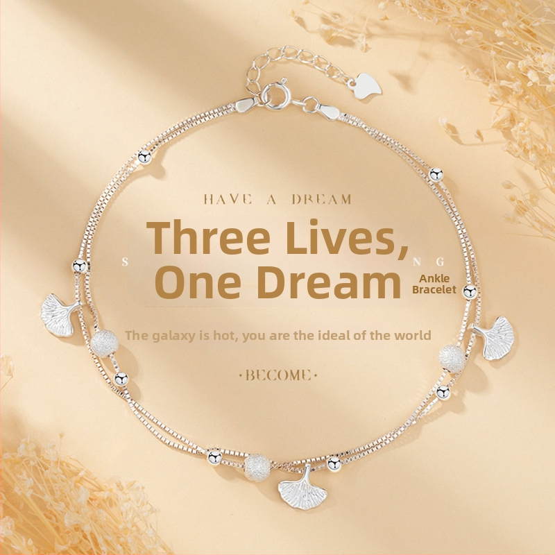 Brățară de gleznă din argint S925 – motif Sansheng Lucky, stil coreean, design cu frunze, model JL013