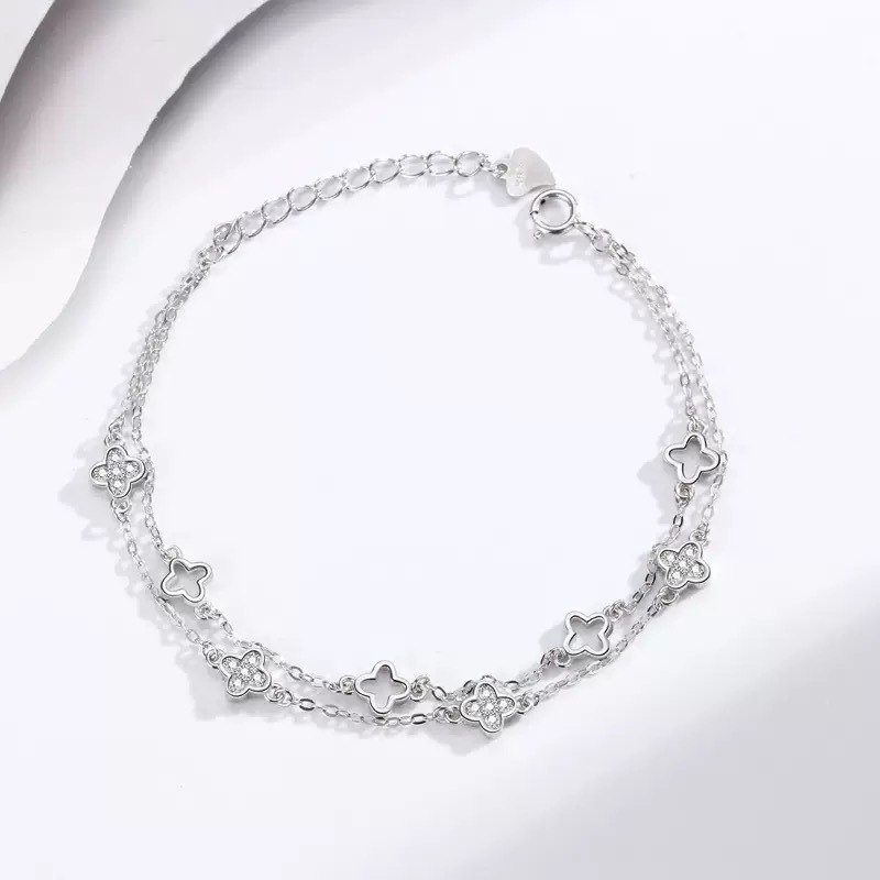 Glezna S925 cu două straturi, trifoi cu patru foi, încrustată cu pietre, inspirat din pădure, bijuterii pentru femei