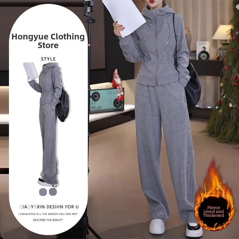 Set sport feminin toamnă-iarnă: hanorac cu fleece și fermoar, pantaloni cu talie înaltă, croială dreaptă – două piese