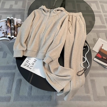 Set de damă cu hanorac cu glugă și pantaloni largi, căptușiți cu fleece, din bumbac 95%+, Iarnă 2024, Stil urban, mâneci lungi