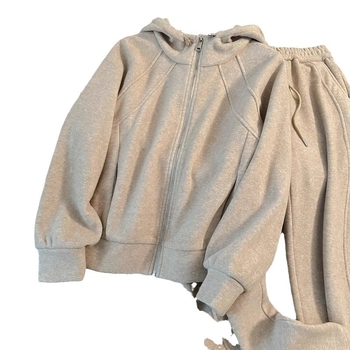 Set de damă cu hanorac cu glugă și pantaloni largi, căptușiți cu fleece, din bumbac 95%+, Iarnă 2024, Stil urban, mâneci lungi