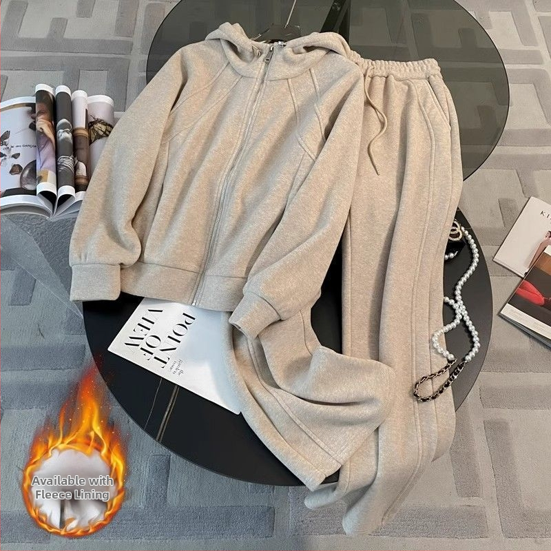 Set de damă cu hanorac cu glugă și pantaloni largi, căptușiți cu fleece, din bumbac 95%+, Iarnă 2024, Stil urban, mâneci lungi