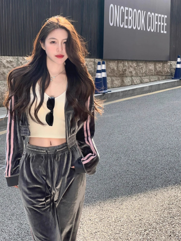 Set trening velur pentru femei, stil coreean, din două piese cu geacă lungă și pantaloni 3/4, imprimare și vopsire, țesătură PVC, Primăvara 2025