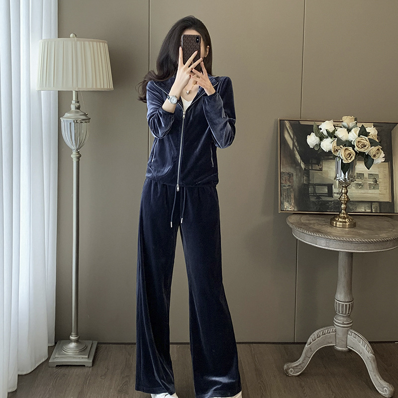 Set din catifea în două piese cu top cardigan, model solid, țesătură viscose-spandex, tehnică colaj, toamnă 2025