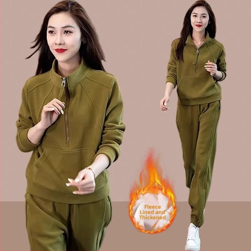 Set trening damă: cardigan cu fleece căptușit, top cu mâneci lungi și pantaloni