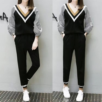 Set casual de două piese pentru femei, cu model în dungi/pătrate, mâneci lungi, poliester, conținut poliester 50-70%, stil lejer japonezo-coreean