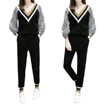 Set casual de două piese pentru femei, cu model în dungi/pătrate, mâneci lungi, poliester, conținut poliester 50-70%, stil lejer japonezo-coreean