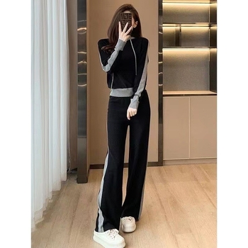 Costum feminin cu pantaloni largi — textură waffle, stil coreean, două piese sport-elegant, mâneci lungi, mâneci tip prințesă