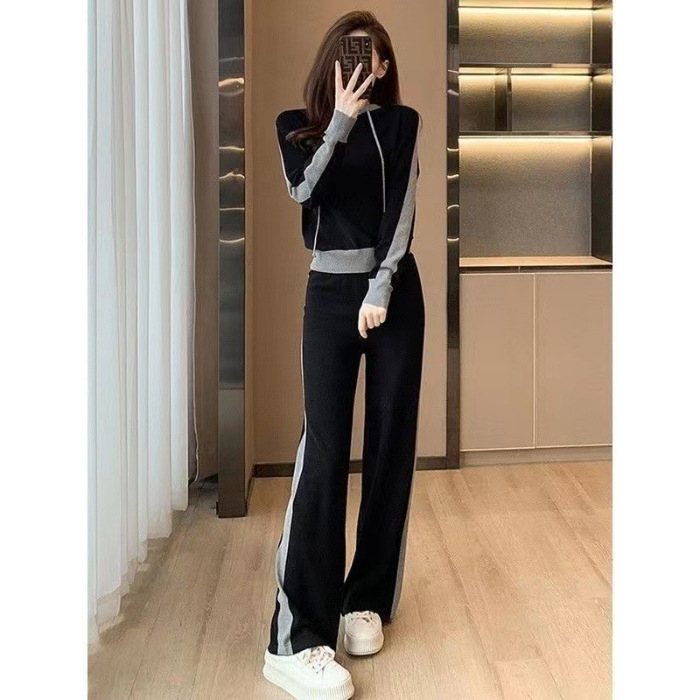 Costum feminin cu pantaloni largi — textură waffle, stil coreean, două piese sport-elegant, mâneci lungi, mâneci tip prințesă